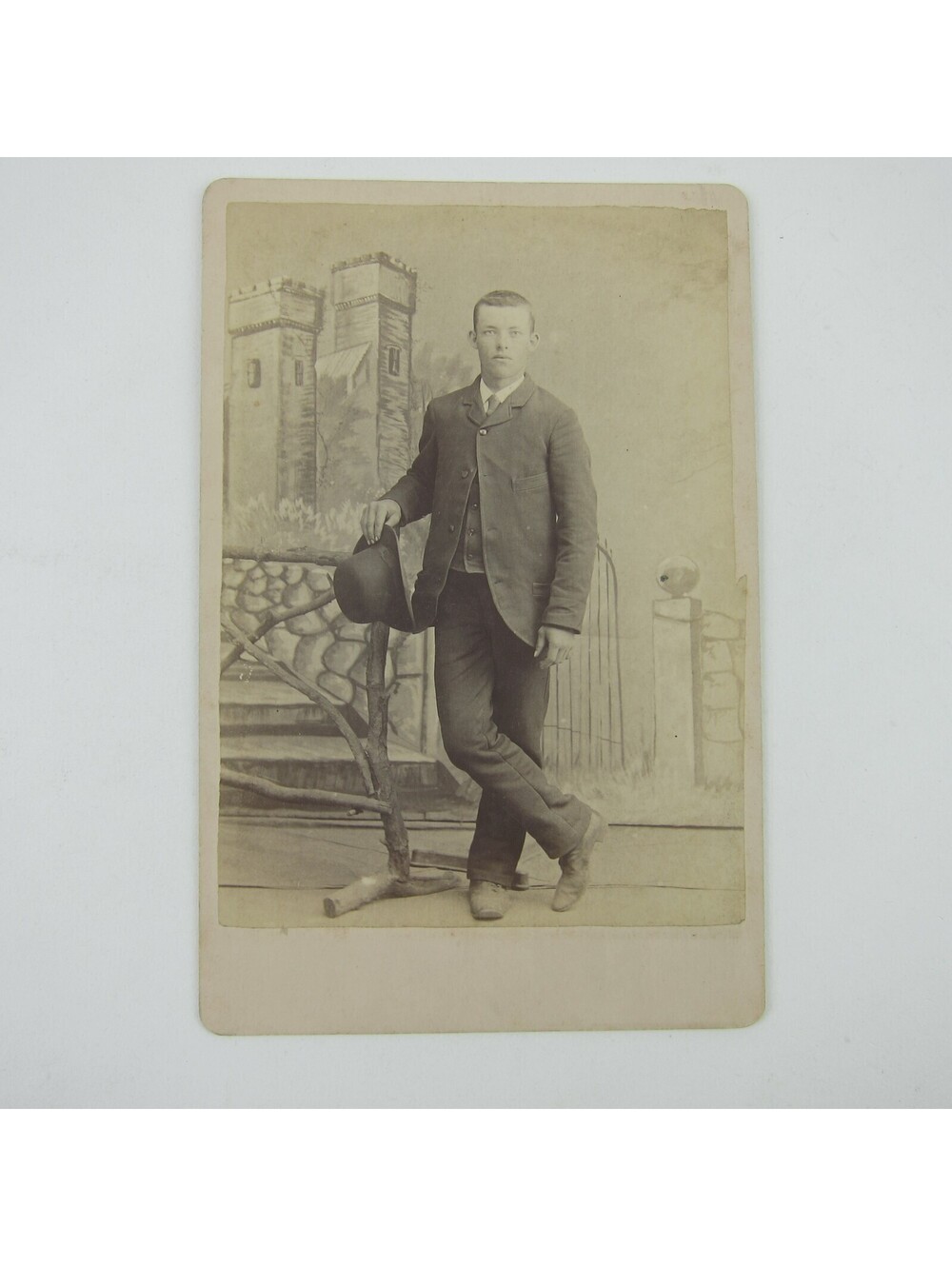 Cabinet Card Photograph Young Man Suit & Hat Studio Pose Late 1800s Antique 4x6